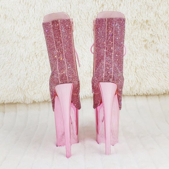 Bejeweled Baby Pink Rhinestone 8" Heel Platform Ankle Boots Flamingo - Picture 11 of 15